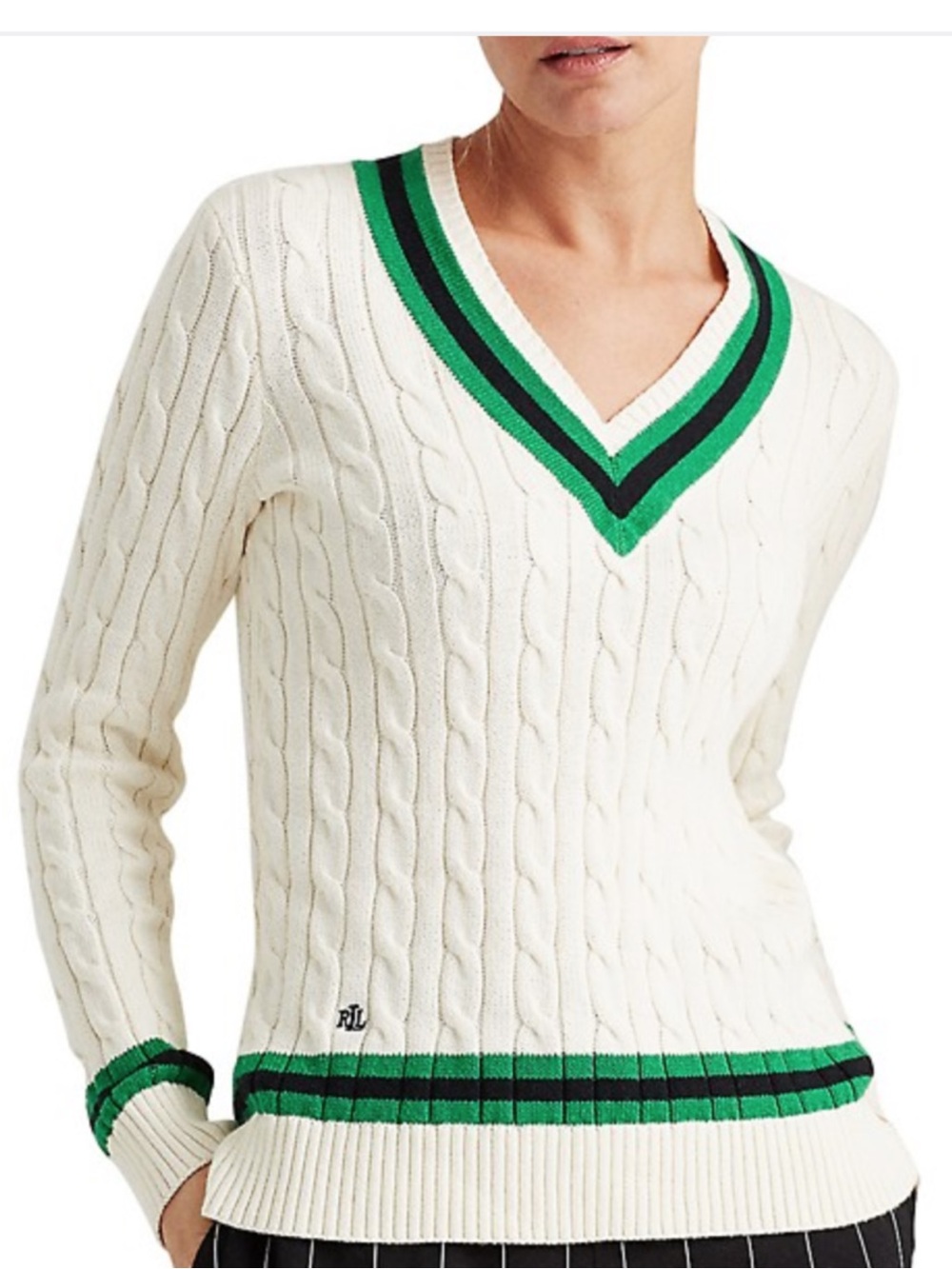 Lauren Ralph Lauren Cream Cable-Knit V-Neck Sweater with Green Trim